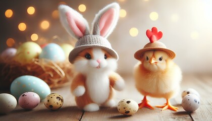Obraz premium easter - the easter bunny walks next to a chick wearing a shell hat
