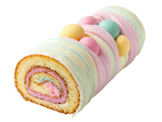 Pastel Colored Jelly Roll Cake with Decorative Candy Eggs for Spring Celebrations and Desserts