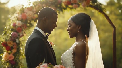 Black bride and groom are exchanging loving glances during their wedding ceremony, standing beneath a flower archway in a beautiful outdoor setting. A luxurious venue for a marriage reception