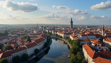 Obraz premium Aerial View of Historic European City Square at Sunset