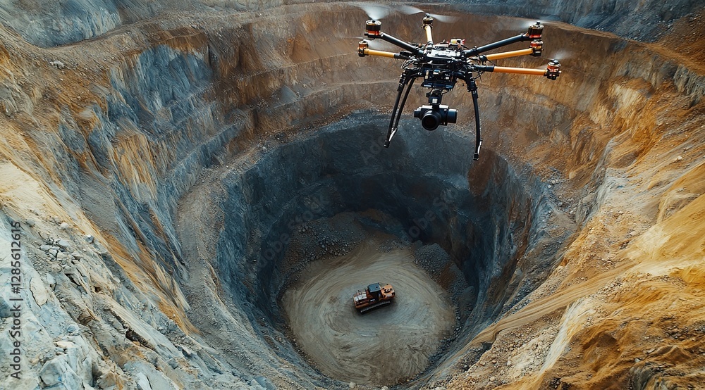 Poster drone surveys quarry's depth and excavator's precise location efficiently using aerial technology.