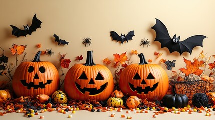Halloween decorations top view photo of pumpkin baskets, candy corn, straws, spiders web, bats and black cat silhouettes on beige background with empty space.