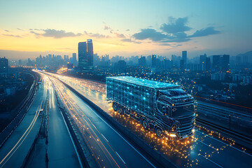 Autonomous truck on highway in smart city at sunset, showcasing technology