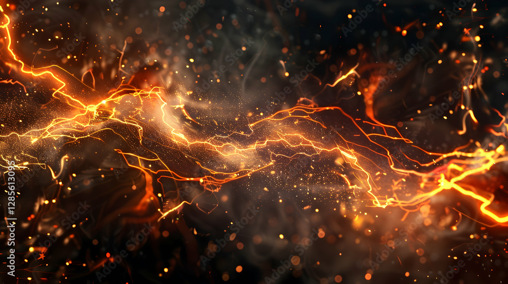 Poster abstract representation of dynamic energy flow with glowing orange lightning and sparks