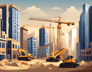 Builded city. City under construction, building foundations and construction cranes build buildings cartoon vector illustration