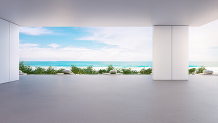 Sea view empty large living room of luxury summer beach house with terrace. Concrete floor and white wall in vacation home or holiday villa. Hotel interior 3d illustration.