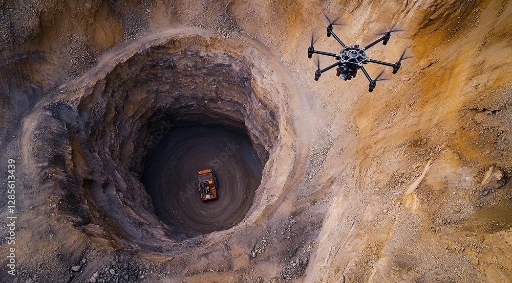 Poster drone surveys deep quarry pit: aerial inspection of excavation site with advanced uav technology for