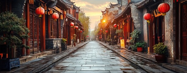 Obraz premium Charming street with traditional lanterns at dusk.