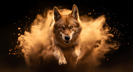 A dog is surrounded by a cloud of orange powder, creating a dramatic and dynamic image.