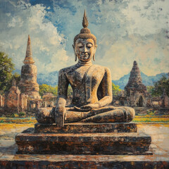 Obraz premium Serene Buddha Statue in Ancient Temple Ruins Peaceful Landscape