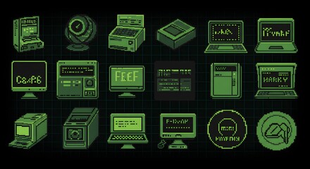 Retro Pixel Art 80s Computer Icons Vintage Technology Digital Nostalgia