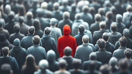 群衆の中で目立つ赤いフードを着た人物