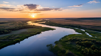 Breathtaking Aerial View of River at Sunset With Expansive Natural Landscape : Generative AI