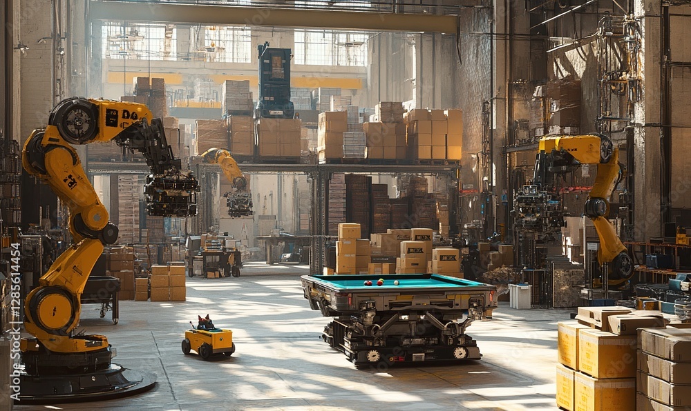 Poster automated warehouse robots play billiards: futuristic factory scene with industrial machines and aut