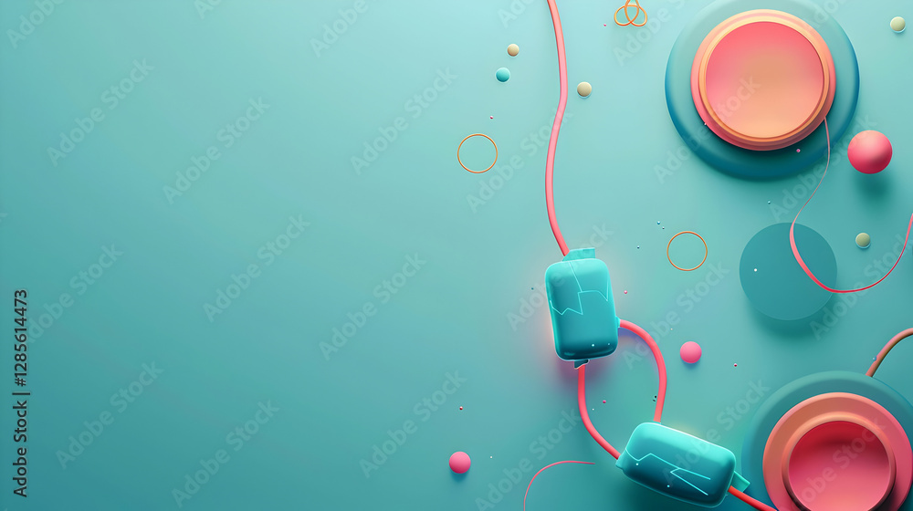 Poster abstract composition with colorful geometric shapes and fluid lines on a vibrant background