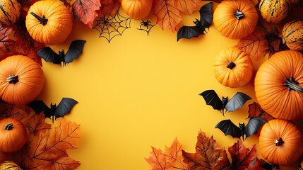 Halloween decorations, including pumpkins, spider webs, bats, and autumn leaves, arranged on a vibrant yellow background.