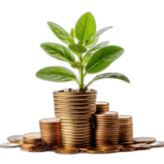 Stack of Coins with a Growing Plant Symbolizing Financial Growth on white