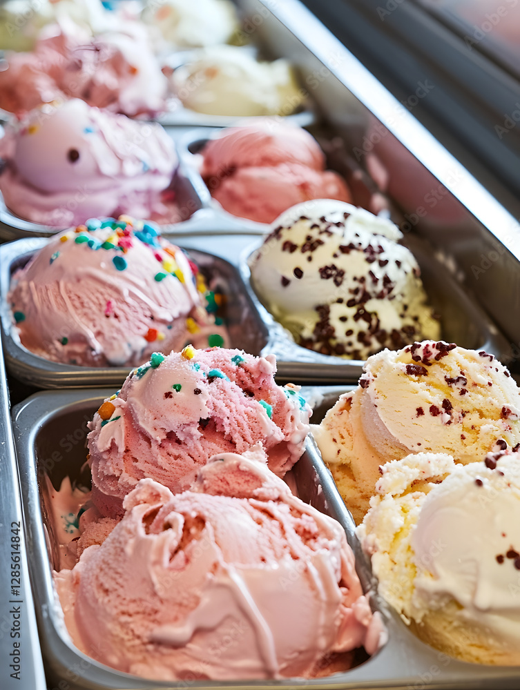 Poster assortment of colorful ice cream scoops with toppings in metal display container : generative ai