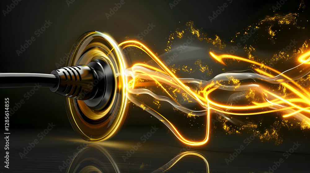 Poster dynamic energy flow from a power connector creating vibrant light trails against a dark backdrop