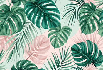 Naklejka premium a variety of tropical leaves in shades of green, pink, and white, arranged in a repeating pattern against a light pink background.