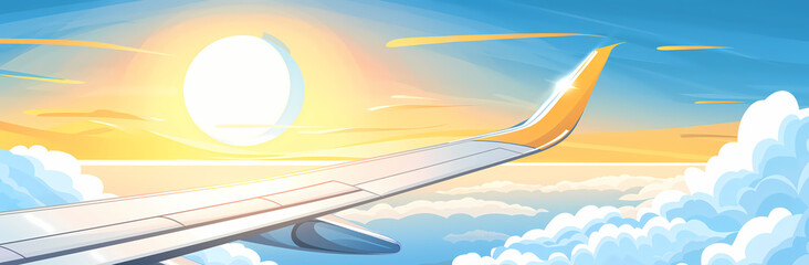 Airplane Wing Soaring Above the Clouds at Golden Sunrise, Symbol of Travel and Freedom

