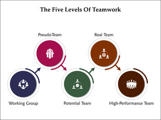 The five levels of teamwork. Infographic template with icons