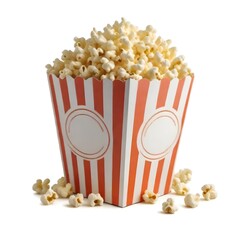A striped popcorn box filled with fresh popcorn
