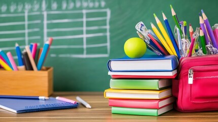 Neat stack of school books on a wooden desk, symbolizing focus and organized learning.
