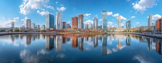 Fototapeta premium City skyline reflecting on calm water.