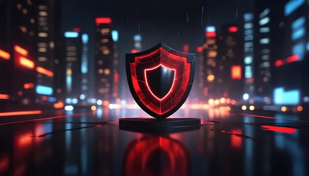 A glowing red shield with a dark silhouette in the center, floating on a reflective surface with blurred city lights in the background