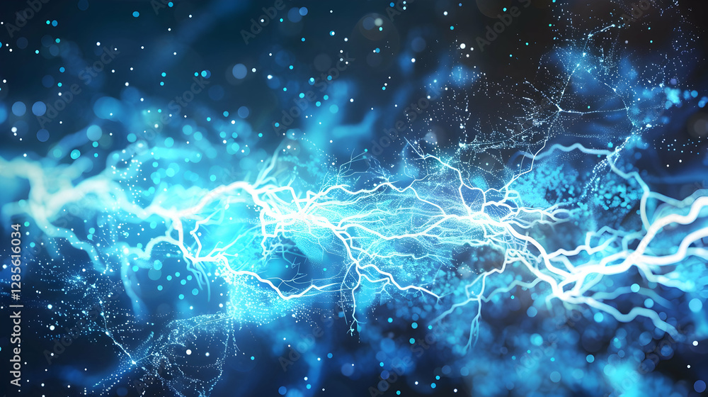 Aufkleber dynamic blue lightning bolt illuminating a dark background with sparkling particles