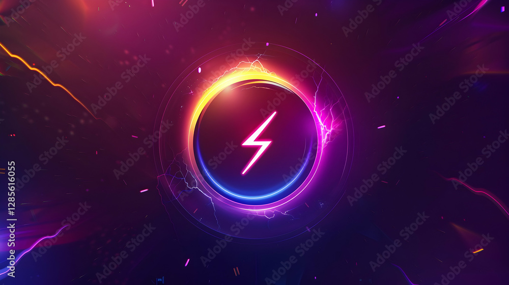Poster vibrant abstract design featuring a glowing circular emblem with lightning in a colorful backdrop