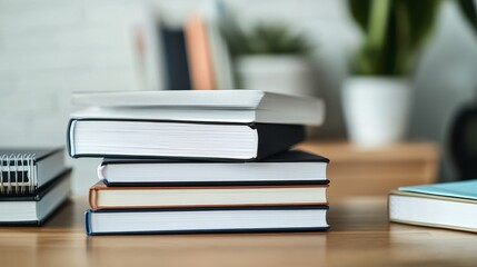 Neat stack of school books on a wooden desk, symbolizing focus and organized learning.
