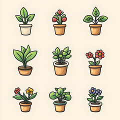 Fototapeta premium Cute Potted Plants Collection Cartoon Houseplants Flowers
