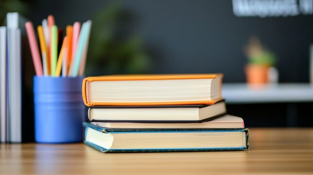 Neat stack of school books on a wooden desk, symbolizing focus and organized learning.
