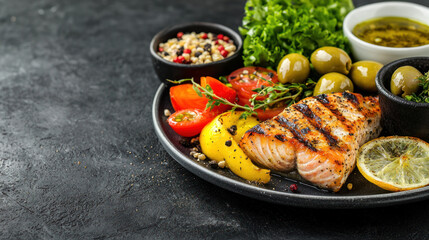 Grilled salmon with fresh vegetables, olives, and herbs on platter