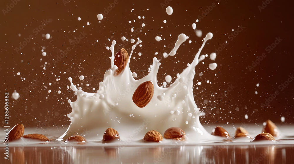 Poster captivating splash of almond milk with almonds, creating dynamic scene