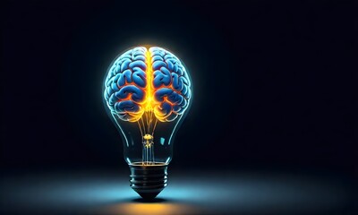 A glowing brain inside a light bulb against a dark background, representing the power of the human mind and innovation, Human brain lightbulb