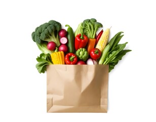 A paper bag filled with various fresh vegetables including broccoli, radishes, bell peppers, corn