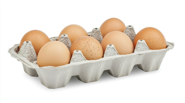 Fresh brown eggs resting in carton on minimalistic white background