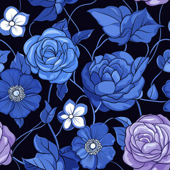 Blue and purple floral pattern with roses and vines on dark background, creating elegant and seamless design