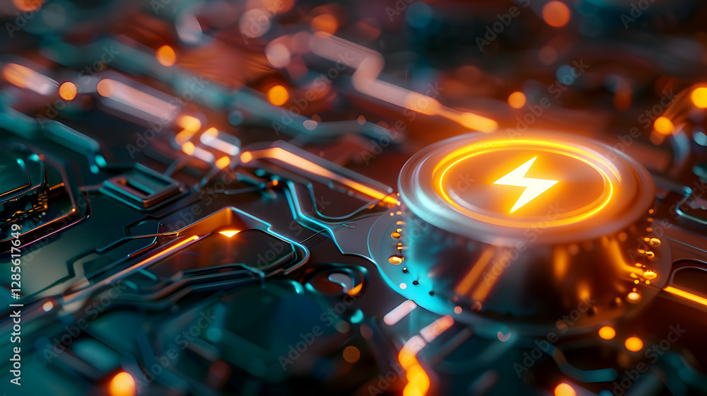 Poster close-up of a glowing circuit board with a lightning symbol, showcasing intricate technology design