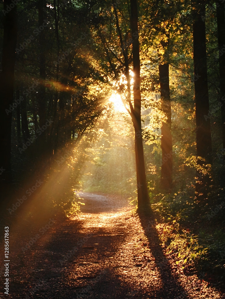 Poster Misty Sunlit Forest Path with Golden Light Streaming Through Tall Trees at Dawn : Generative AI