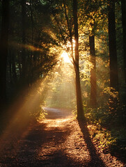 Obraz premium Misty Sunlit Forest Path with Golden Light Streaming Through Tall Trees at Dawn : Generative AI