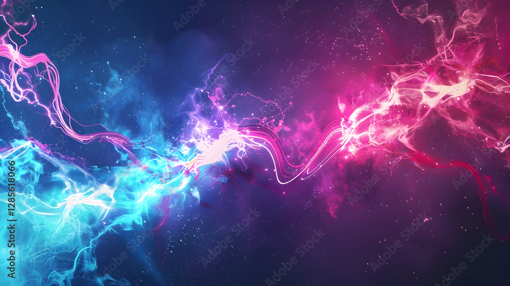 Poster vibrant abstract energy waves intertwining in a cosmic space background, creating a dynamic visual