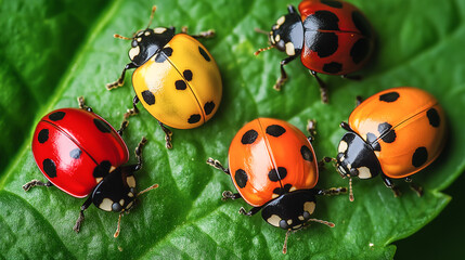A group of colorful ladybugs on a fresh green leaf background.