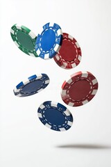 Colorful poker chips tumble gracefully through the air, casting soft shadows on a pristine white background