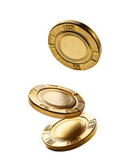 Golden casino chips falling, cut out