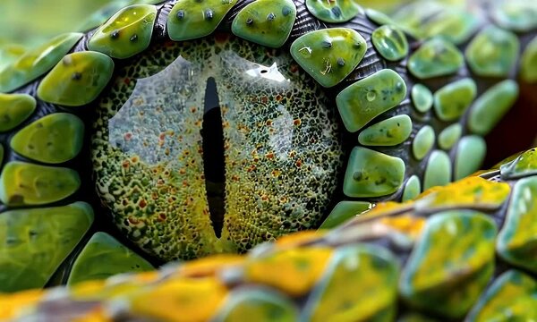 A close-up of a snake's eye, showcasing intricate scales and vibrant colors.