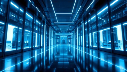 This abstract technological background features an office building with tasteful windows and soft, artificial blue lamplight, creating a polished, contemporary atmosphere that fits in flawlessly. Redu